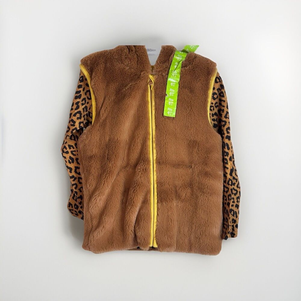 Lily & Dan Girls Long Shirt & Fur Vest with hoodie size 4T animal print leopard